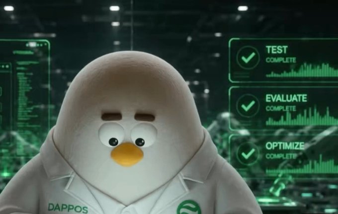 An animated character resembling a chicken wearing a white lab coat labeled 'DAPPOS' stands in front of green digital screens displaying 'TEST COMPLETE,' 'EVALUATE COMPLETE,' and 'OPTIMIZE COMPLETE' with checkmarks.