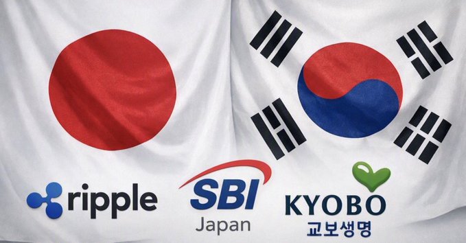 The flags of Japan and South Korea are displayed side by side above logos for Ripple, SBI Japan, and Kyobo, suggesting a partnership between the two countries.