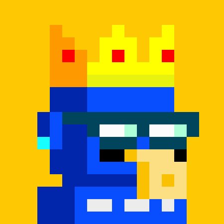 Pixel art illustration of a character wearing a yellow crown, blue outfit, and black sunglasses against an orange background.