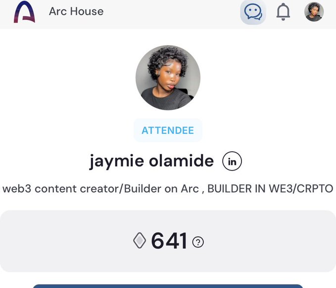 The image shows an attendee profile on Arc House for "jaymieolamide," a self-described web3 content creator/Builder on Arc, with 641 Arc House points displayed alongside a question mark icon. This directly responds to the post's reminder about the upcoming Arc mainnet (20 days away) and the call to action asking Architects how many Arc House points they've accumulated.