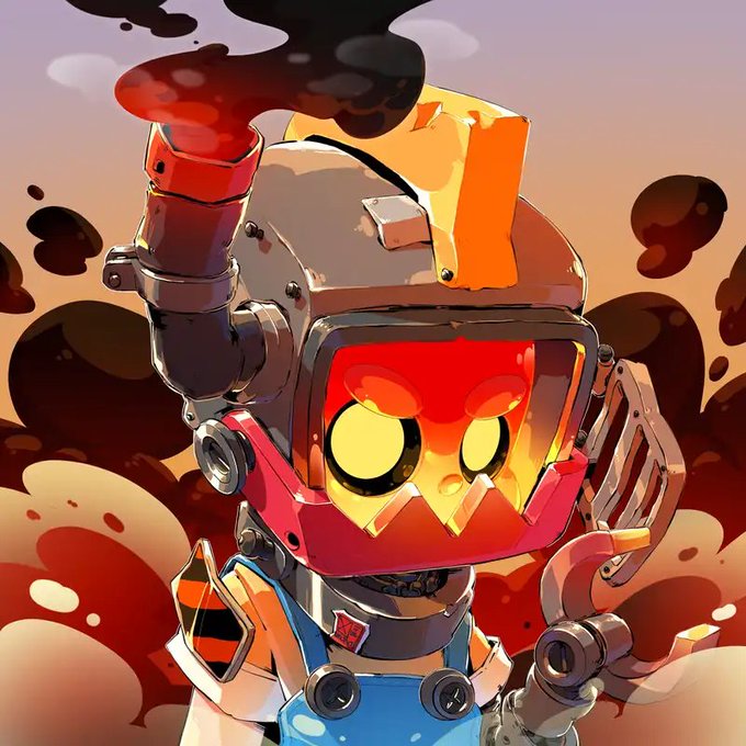 An illustrated robot character with a red and yellow helmet, glowing yellow eyes, and a smokestack emitting black smoke is shown against a sunset-colored background.