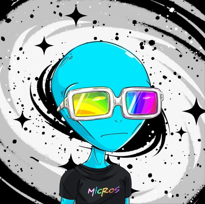 A colorful cartoon illustration features a blue alien with large rainbow-reflective goggles standing against a swirling cosmic background, wearing a black shirt that says "MicRos".
