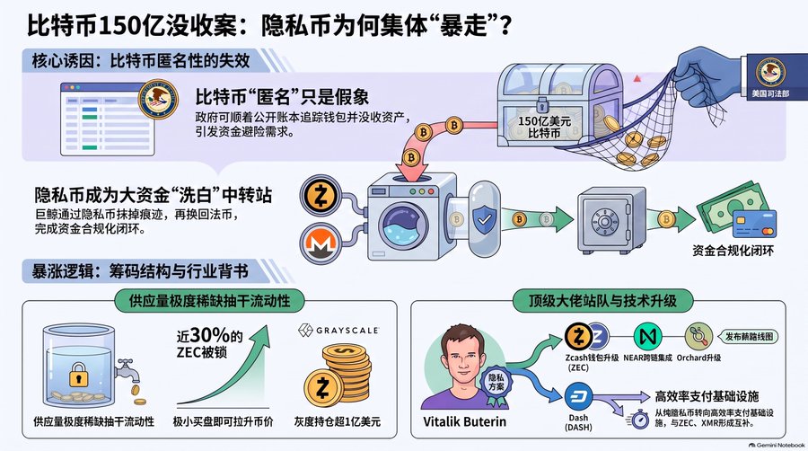 A Chinese-language infographic titled "比特币150亿没收案：隐私币为何集体"暴走"？" explaining Bitcoin privacy and money laundering, featuring logos for Zcash, Monero, NEAR, and Dash, plus an image of Vitalik Buterin.