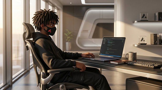 A digital illustration of a person with dreadlocks wearing a black mask with a red logo, sitting in an office chair at a desk working on a laptop displaying code. The setting is a modern, brightly lit room with large windows.