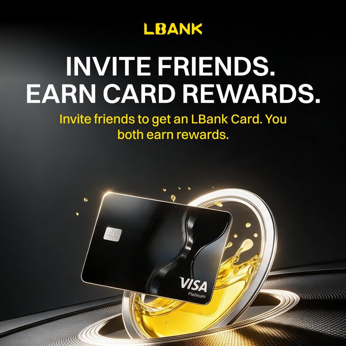 An LBank promotional image featuring a sleek black Visa Platinum card surrounded by glowing gold liquid, with the text "INVITE FRIENDS. EARN CARD REWARDS. Invite friends to get an LBank Card. You both earn rewards." The visual reinforces the referral campaign by showcasing the premium LBank Visa Platinum card as the reward for inviting friends through LBank's referral program.