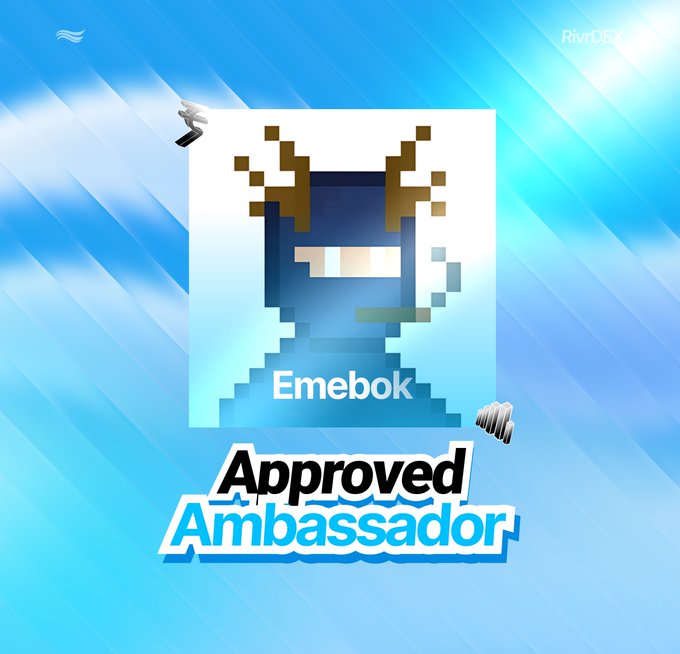A pixelated blue character with antlers labeled "Emebok" is featured prominently above the bold "Approved Ambassador" text, celebrating their selection to RivrDEX's cohort 1 of 15 ambassadors from over 1,400 applicants. The image also displays "RivrDEX" branding in the upper right corner against a blue gradient background.
