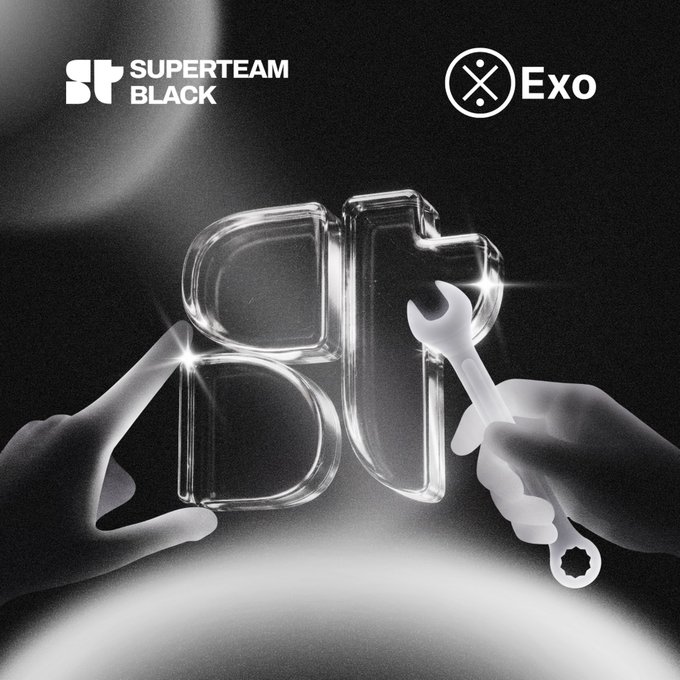 A black and white image showing two hands holding a wrench and working on a large, glossy, transparent 3D "St" logo, representing the Superteam Black and Exo partnership, with the logos for both "Superteam Black" and "Exo" displayed in the top corners. The image visually reinforces the post's message about builders receiving hands-on support, symbolizing the technical guidance and strategic mentorship Exo founders will provide to Black teams.
