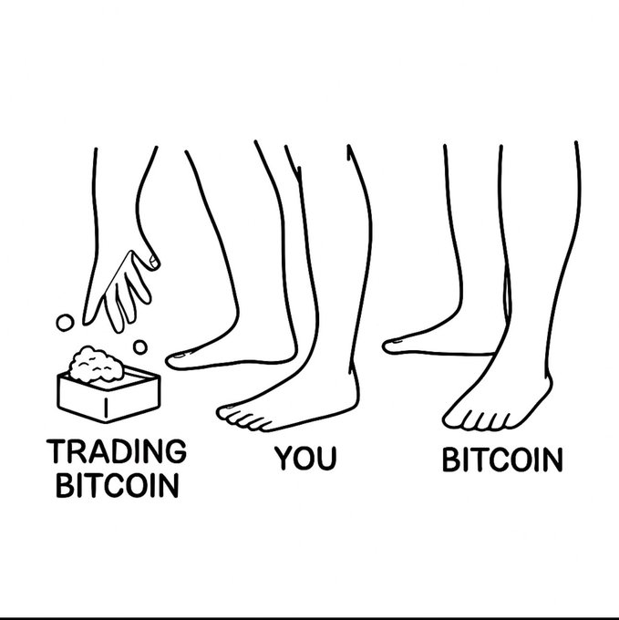 A minimalist line drawing meme showing three pairs of legs, with the leftmost labeled 'TRADING BITCOIN' reaching into a box, the middle labeled 'YOU' standing empty-handed, and the rightmost labeled 'BITCOIN' walking away.