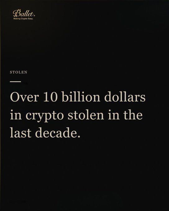 A Ballet cryptocurrency advertisement on a black background stating "STOLEN: Over 10 billion dollars in crypto stolen in the last decade."