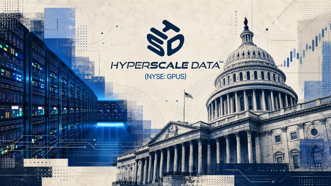 A blue-toned graphic featuring the U.S. Capitol building alongside data servers displays the "HYPERSCALE DATA™" logo and "NYSE: GPUS" ticker, visually tying the company's milestone of surpassing 1,000 BTC in its treasury to the regulatory backdrop of the CLARITY Act being discussed in the Senate.