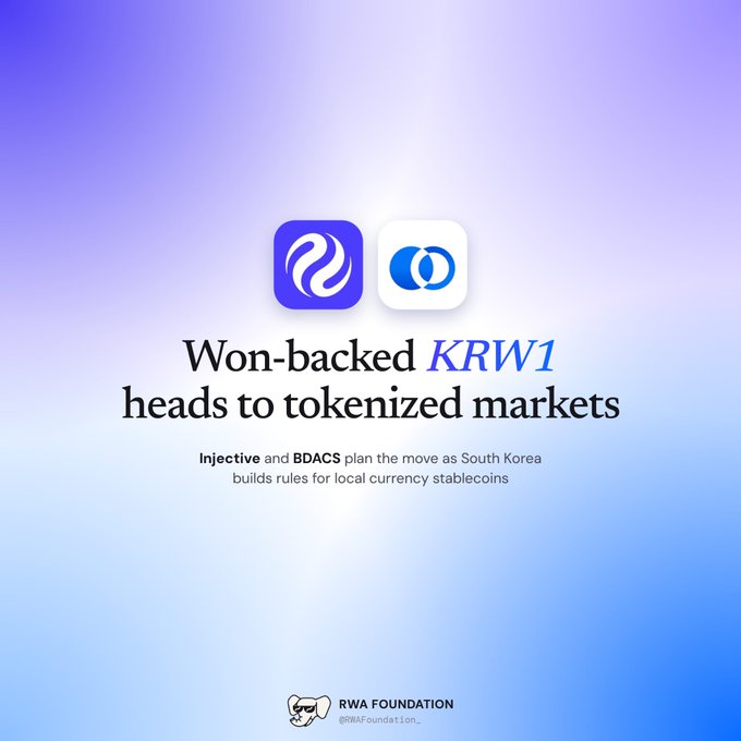 A clean purple-blue gradient graphic displays two logos above the headline “Won-backed KRW1 heads to tokenized markets,” with smaller text: “Injective and BDACS plan the move as South Korea builds rules for local currency stablecoins.”