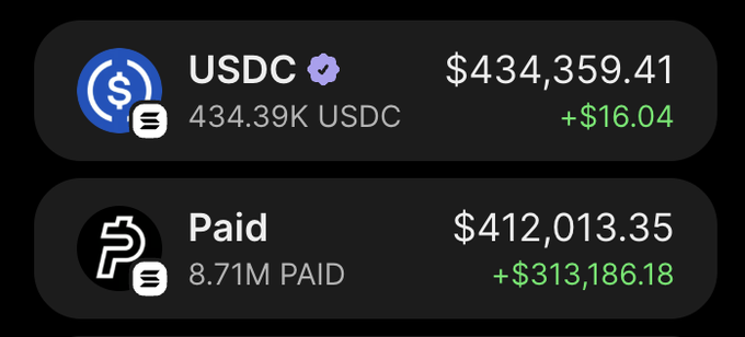 The image displays a cryptocurrency portfolio snapshot showing holdings of USDC ($434,359.41, up $16.04) and PAID ($412,013.35, up $313,186.18), with 8.71M PAID tokens and 434.39K USDC visible.

This screenshot of substantial crypto holdings appears to be used as social proof of the poster's success, lending credibility to their $15 SOL giveaway promotion and encouraging engagement with the quoted tweet.