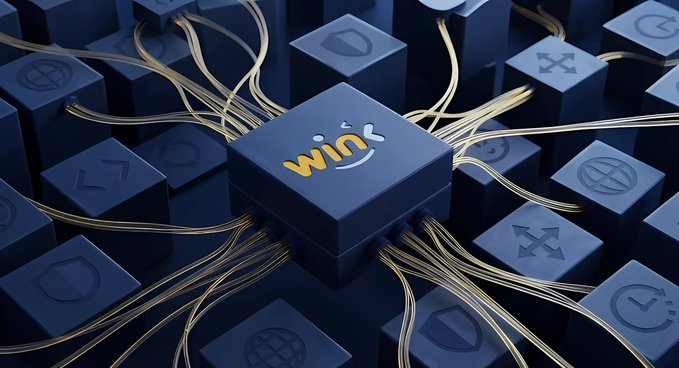 A central dark blue cube labeled "win" connects via golden wires to surrounding cubes marked with various icons (shields, clocks, stars), illustrating how smart contracts link to external data sources—reinforcing the post's point about dApps needing outside information to expand blockchain functionality.