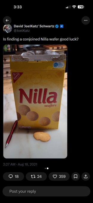A screenshot of a tweet from David "JoelKatz" Schwartz (@JoelKatz), Ripple's former CTO, posted at 2:27 AM on August 18, 2021, jokingly asking "Is finding a conjoined Nilla wafer good luck?" alongside a photo of a Nilla Wafers box and a rare two-wafer-in-one "conjoined" Nilla wafer placed next to a pen. The tweet, which has 359 likes and 18 replies, plays on the phrase "lightning confirmation" as a riddle from Schwartz—hinting at a fortunate or serendipitous omen for $RIPPLE, with everything happening at "perfect timing."