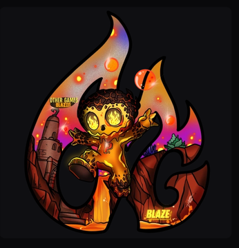A vibrant badge-style illustration features a flame-headed character with large expressive eyes, set against a fiery orange and purple backdrop with the text "OTHER BANDITS ALPHA" in the top left and "BLAZE" in the bottom right, fitting the post's description of a "fire BLAZE" badge commemorating a fun event.