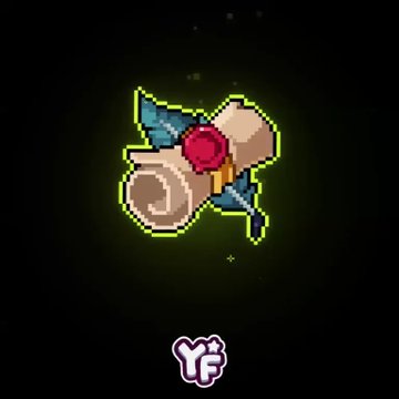 A pixel art design of a beige scroll with a red wax seal, blue feathers, and a yellow ribbon, surrounded by a glowing green outline on a black background, with a 'YF' logo at the bottom.
