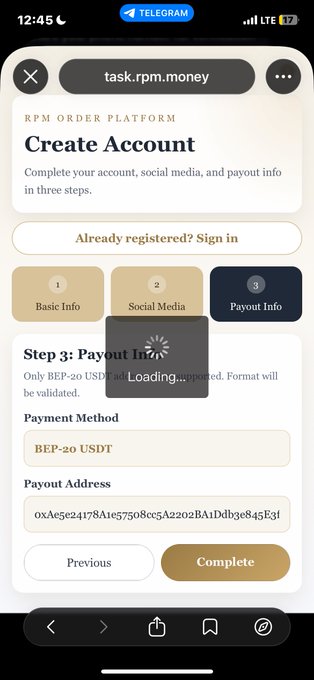 A mobile screenshot of the RPM Order Platform (task.rpm.money) showing the third step of account creation for Payout Info, with fields for Payment Method (BEP-20 USDT) and Payout Address partially filled out.
