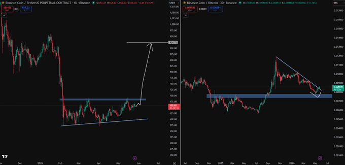 The image shows two stock charts, one with Bitcoin (BTC) and another with BNB (BNB). The Bitcoin chart displays a downward trend, while the BNB chart shows an upward trend. This suggests that the person who posted this image is bullish on Bitcoin and BNB at the same time. They expect both of these assets to increase in value over time.