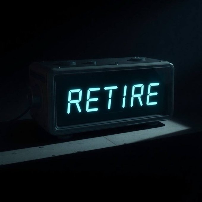 Dark image of a digital alarm clock displaying the word 'RETIRE' in glowing cyan letters.