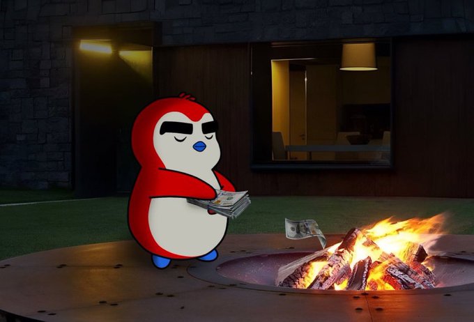 The image features a cartoon penguin standing next to an open fire, holding money in its beak. The penguin appears to be smiling while holding the money. The background of the image shows a house with a window, suggesting that this scene takes place indoors or near a living space. The post includes text such as "XP day Hyperliquid ATH RETSBA up War over Taco Tuesday What a time to be alive." and "Focus on what is in the image and how it relates to the post," which may indicate that the penguin's actions are related to the post or serve as an interesting visual element.