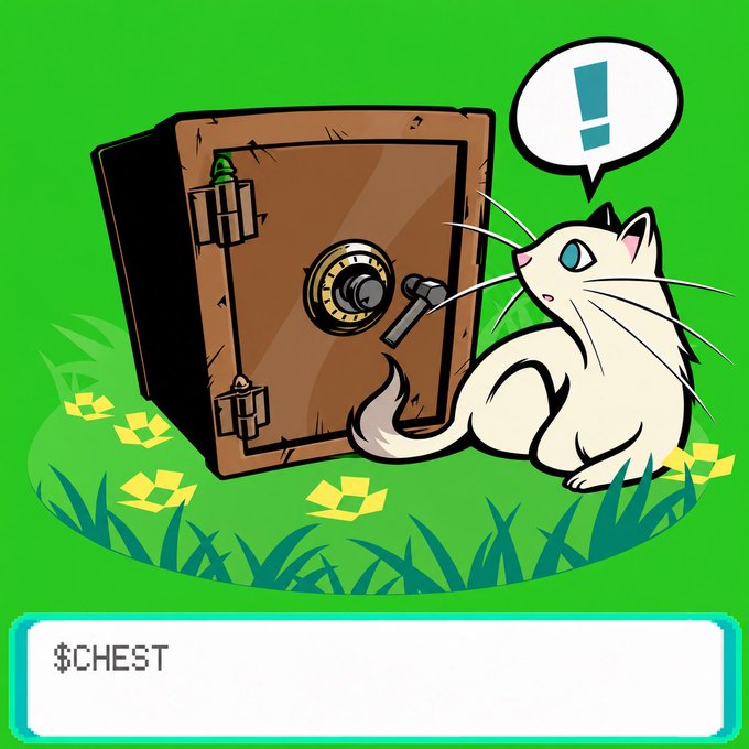 A cartoon white cat with a speech bubble containing an exclamation mark stares curiously at a brown safe with a combination dial and a lever handle, sitting on grass against a green background, with "$CHEST" displayed below. The image visually represents the $CHEST token, tying into the post's mention of a token with locked liquidity and NFT-based fee weighting, suggesting a treasure chest theme for the crypto project.