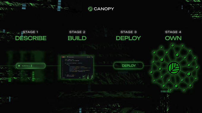 A green-themed tech presentation slide for 'CANOPY' shows four stages of a process: Stage 1 DESCRIBE, Stage 2 BUILD, Stage 3 DEPLOY, Stage 4 OWN, alongside a code editor and network diagram.