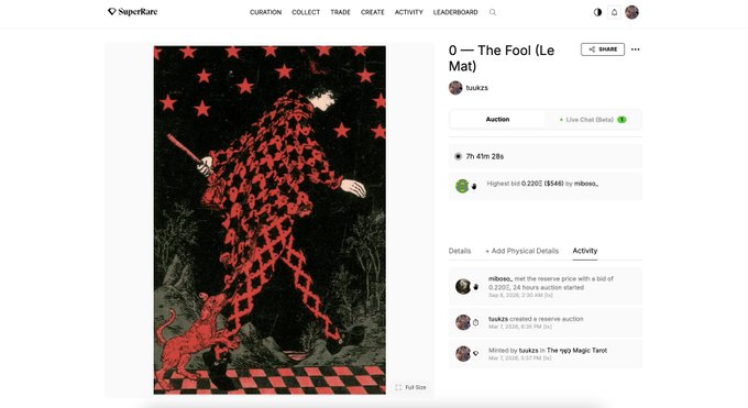 A SuperRare NFT auction page for artwork titled '0 — The Fool (Le Mat)' by 'tsukxx', depicting a figure covered in red stars with a reserve price of 0.2201 (~$640).