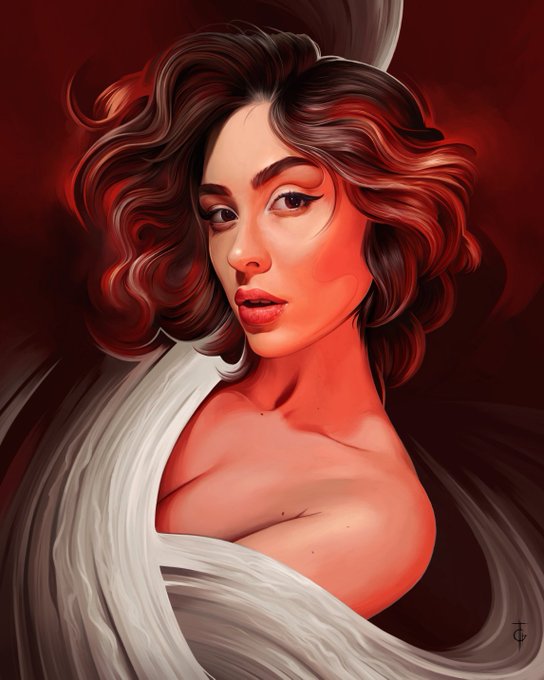 A detailed digital portrait painting of a woman with wavy dark red hair and dramatic makeup, draped in flowing white fabric against a deep red background.