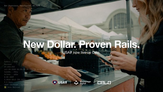 The image shows a market vendor in San Francisco processing a tap-to-pay transaction with a customer, overlaid with the text "New Dollar. Proven Rails. USA₮ now live on Celo," along with logos for USA₮, Anchorage Digital, and Celo. The scene visually supports the post's message by depicting a real-world retail transaction powered by the new USA₮ stablecoin on the Celo network.