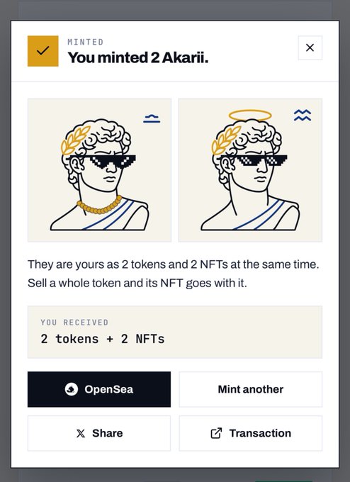 A confirmation screen showing "You minted 2 Akarii." with illustrations of two classical bust figures wearing pixelated sunglasses, indicating the user received 2 tokens and 2 NFTs, but contradicting the accompanying post that claims selling is currently locked until sold out.