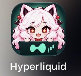 An app icon for 'Hyperliquid' featuring a cute anime-style cat girl with pink hair peeking over a laptop, displayed on a phone screen.