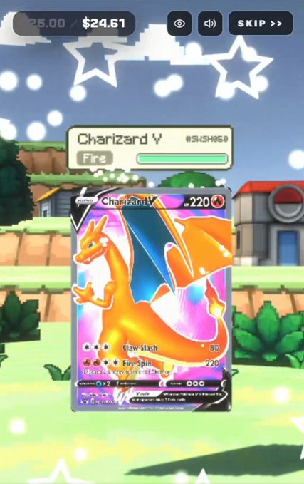 The image shows a screenshot of a digital Pokémon trading card game. In the bottom right corner, there's a Pokemon card for Charizard V featuring an orange dragon with blue wings flying through a sky filled with white stars. The card appears to be uncashed. Below that, there's text providing details about the game and how it is related to real Pokémon cards, including tiers of gameplay, cash-out options, and the post title suggesting it might be a part of a digital pack concept designed for gamers who enjoy collecting and trading Pokémon cards.