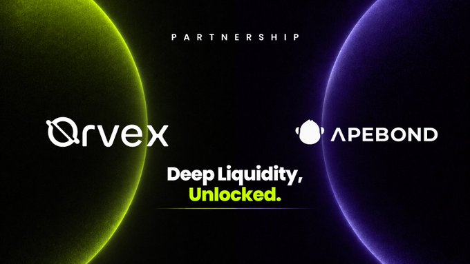 Orvex announces a partnership with ApeBond, featuring the tagline "Deep Liquidity, Unlocked," highlighting their collaboration to bring bonding infrastructure to the Robinhood Chain ecosystem.