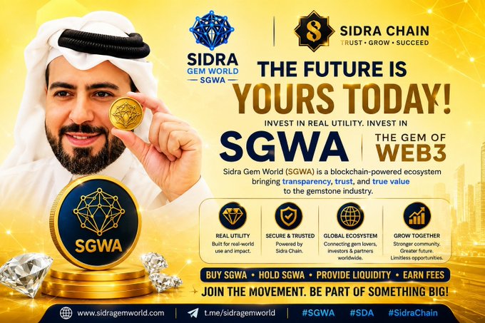 A promotional advertisement for 'Sidra Gem World (SGWA)' cryptocurrency/blockchain project, featuring a man in traditional Arab attire holding a gold SGWA coin, with the text 'THE FUTURE IS YOURS TODAY!' and 'THE GEM OF WEB3' alongside a Sidra Chain logo.