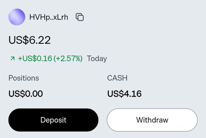A screenshot of a financial app or trading interface showing a token 'HVH...xLrh' priced at US$6.22 (+2.57% today), with $0.00 in positions and $4.16 cash, along with Deposit and Withdraw buttons.