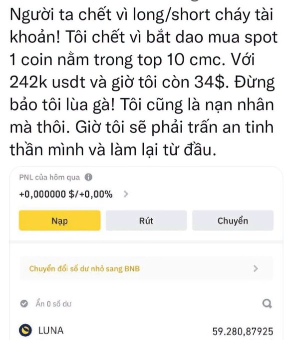 A Vietnamese social media post about losing money in cryptocurrency trading, mentioning long/short liquidations and buying spot coins, accompanied by a screenshot of a Binance account showing a LUNA balance of 59,280.87925.