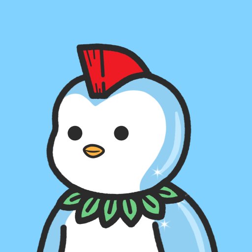 A cute cartoon illustration of a white penguin-like character with a red crest on its head and a green leafy collar, set against a light blue background.