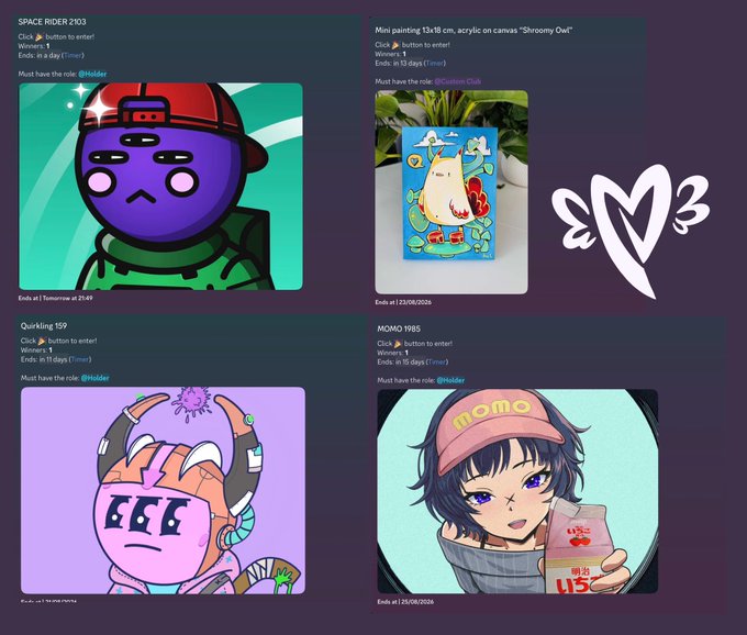 A digital gallery page showing four upcoming NFT drops: SPACE RIDER 203, a mini painting of 'Shroomy Owl', Quarkling 159, and MOMO 1985, with a stylized heart signature 'EV3'.