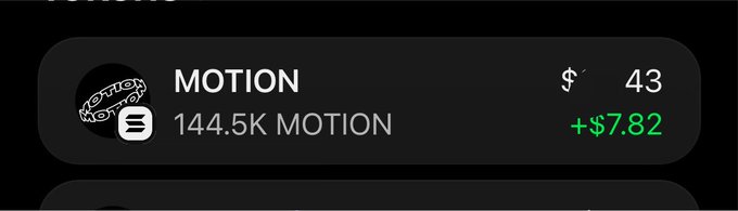 A dark-themed portfolio tracker card showing the token 'MOTION' with a balance of 144.5K MOTION, currently valued at $43 with a daily gain of +$7.82.