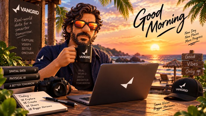 A digital illustration of a bearded man wearing reflective sunglasses and a 'VANGRID' branded shirt, holding a coffee mug at a beachside workstation with a laptop, surrounded by motivational text like 'Good Morning' and 'Real-world data for a smarter tomorrow.'