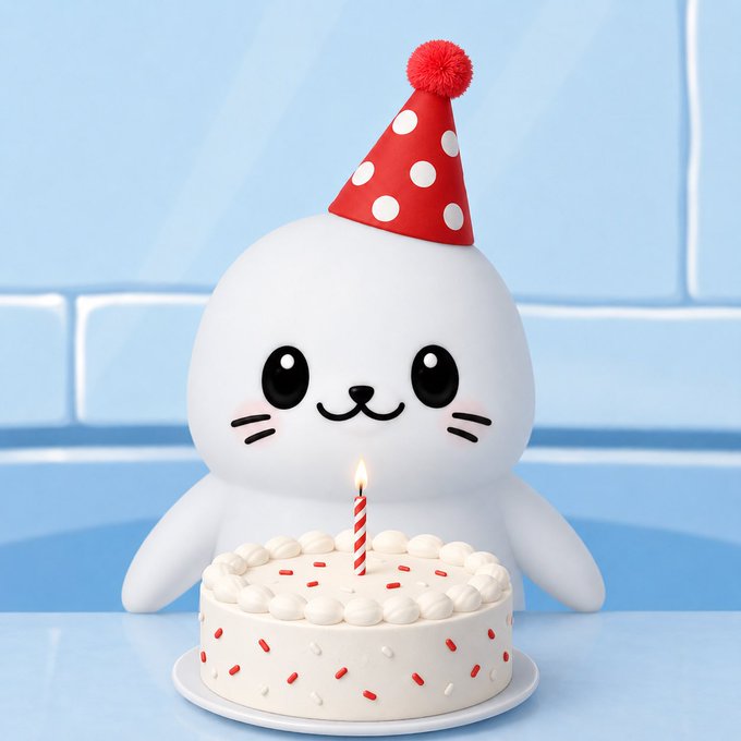A 3D-rendered cartoon white seal character wearing a red and white polka dot party hat, sitting behind a birthday cake with a single lit candle.