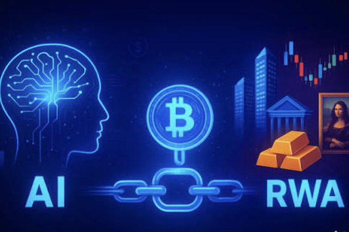 A digital illustration connecting AI (represented by a glowing brain-head) and RWA (Real World Assets, shown with gold bars, buildings, and the Mona Lisa) through a central Bitcoin symbol and chain link, set against a blue tech-themed background.