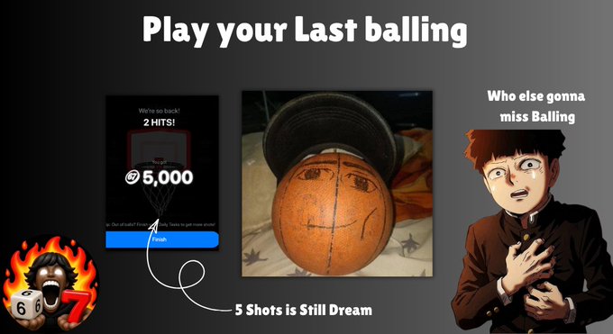 A promotional meme image with text 'Play your Last balling' showing basketball-related app screenshots and a crying anime character, noting '5 Shots is Still Dream' and 'Who else gonna miss Balling'.