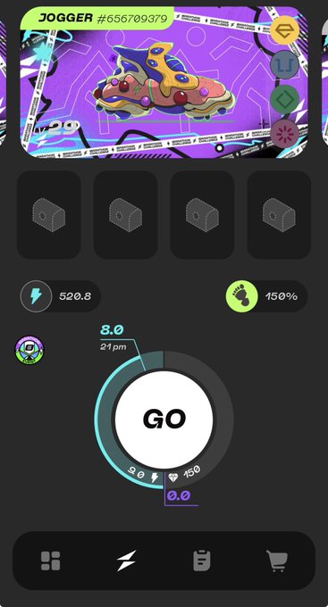 The image shows a phone screen displaying an app icon with a purple background featuring a cartoon character, possibly a jogging shoe or a car. The app has a green circle that says "GGT" at the bottom of the screen. The app also displays a timer and a progress bar showing the number of steps taken during a jog.