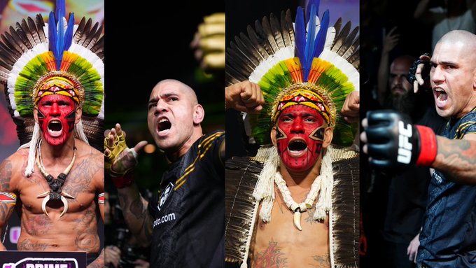 The image shows four men wearing traditional Native American headdresses, each posing with a fist raised in the air as if they are fighting. The caption for the image reads "There is only one @AlexPereiraUFC [ SUNDAY JUNE 14 | LIVE at 8pmET on @ParamountPlus | Title fights presented by @cryptocom]". This suggests that the photo was taken during an event featuring a fight, and the men in the image are participating as fighters.