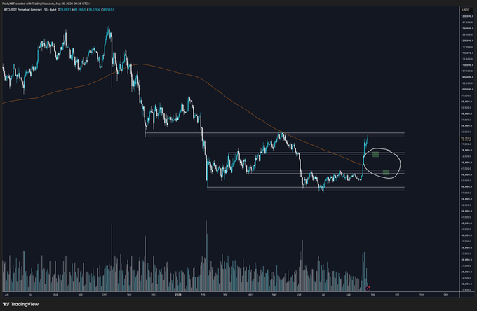 A BTC/USD perpetual contract chart on TradingView shows a descending trend with price recently rejecting near the $114,800 area, with a circled region marked near $112,000 identified as a potential bidding zone for a pullback, alongside historical resistance and pivot levels.