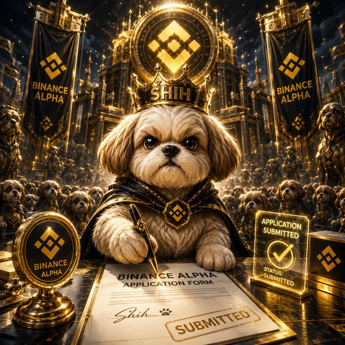 A digital artwork of a fluffy dog wearing a golden crown and a cape, holding a pen and signing a 'BINANCE ALPHA APPLICATION FORM' in a grand, throne-like setting with 'SHIH' displayed prominently.