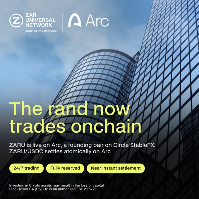 A promotional graphic features the 'ZAR UNIVERSAL NETWORK powered by BlockTower' and 'Arc' logos against a skyscraper background, with text announcing 'The rand now trades onchain' and 'ZARU is live on Arc, a founding pair on Circle StableFX.'