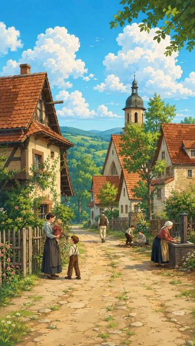 An illustration of a quaint village scene with traditional European-style houses featuring red roofs, a church tower, villagers going about their day, and green hills in the background.