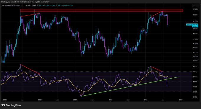 A TradingView candlestick chart of the DXY (US Dollar Dominance) from 2022 to 2027 shows a red descending resistance trendline at the top, with the RSI indicator below displaying a green ascending support line.